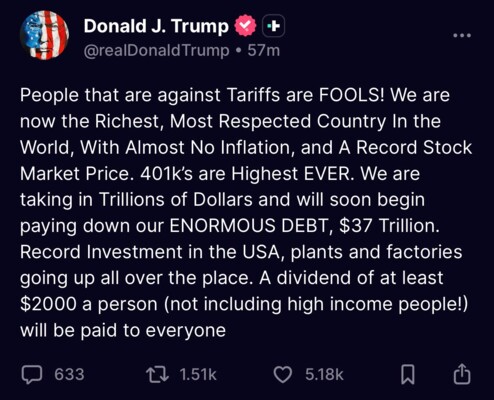 ترامب وصف منتقدي الرسوم الجمركية بـ"الحمقى" وأعلن عن خطط لتوزيع أرباح بقيمة 2000 دولار للفرد من عائدات الرسوم