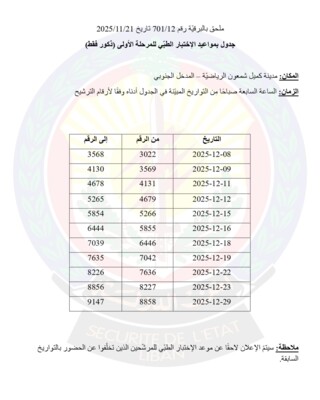 أمن الدولة أعلنت جدول مواعيد الاختبار الطبي للمرحلة الأولى للمرشحين لرتبة مأمور متمرن