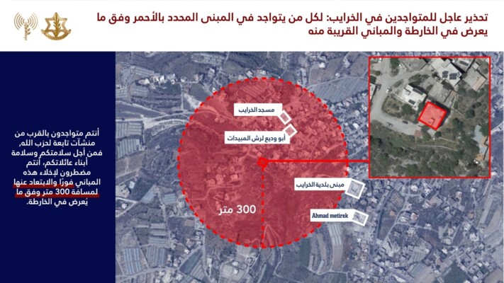 الجيش الاسرائيلي يوجه تهديدا جديدا لسكان جنوب لبنان وتحديدا في الخرايب وأنصار