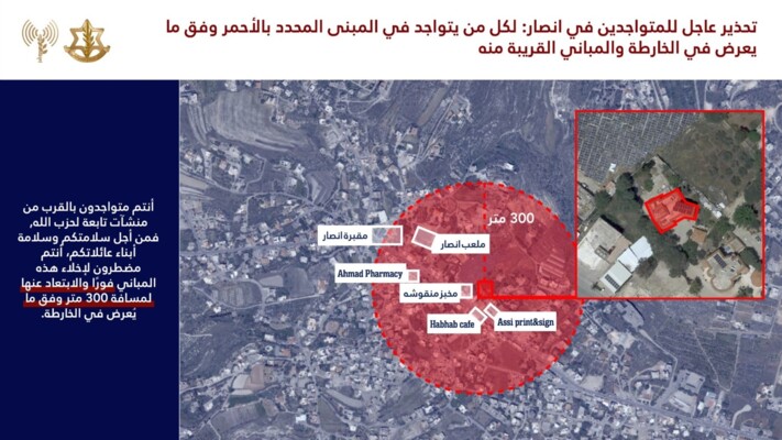 الجيش الاسرائيلي يوجه تهديدا جديدا لسكان جنوب لبنان وتحديدا في الخرايب وأنصار