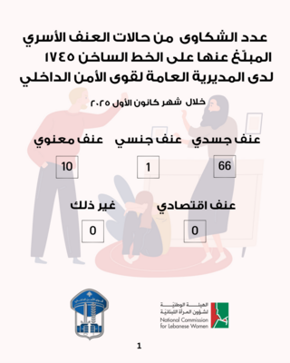 قوى الأمن: عدد شكاوى العنف الأسري المبلغ عنها على الخط الساخن خلال كانون الأول بلغ 77